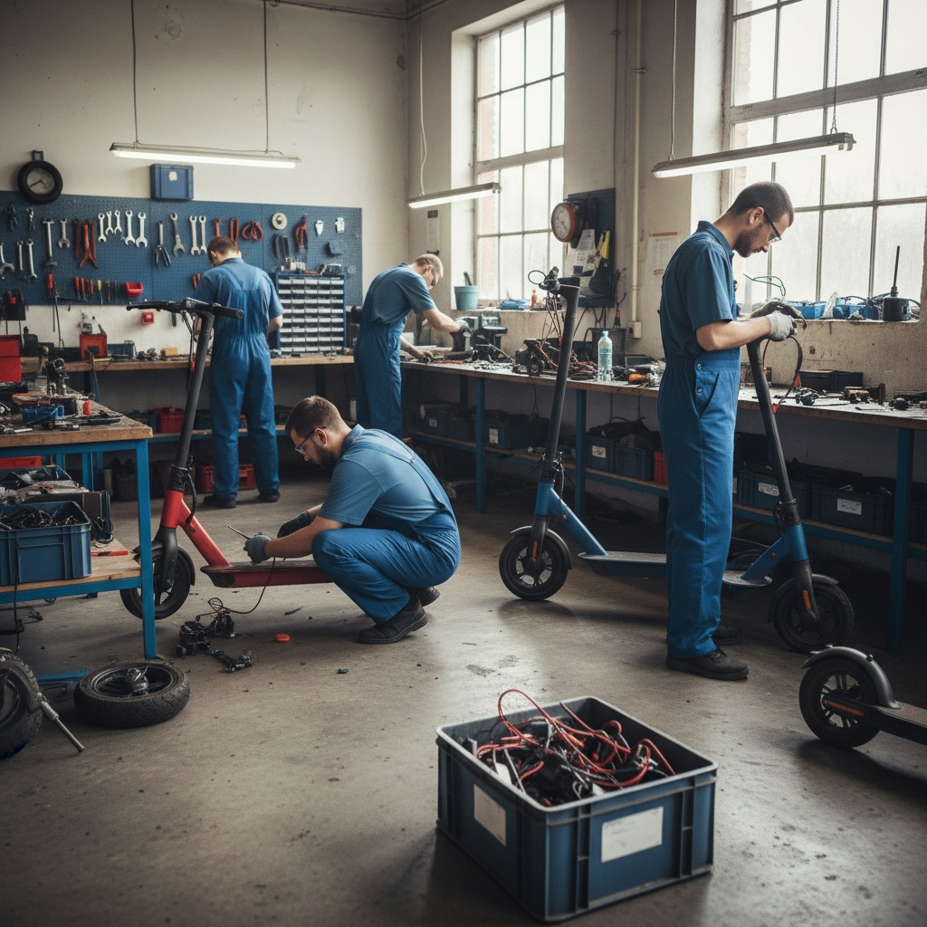 Drei Mechaniker in blauen Arbeitsanzügen reparieren in einer Werkstatt mehrere E-Scooter an verschiedenen Werkbänken.