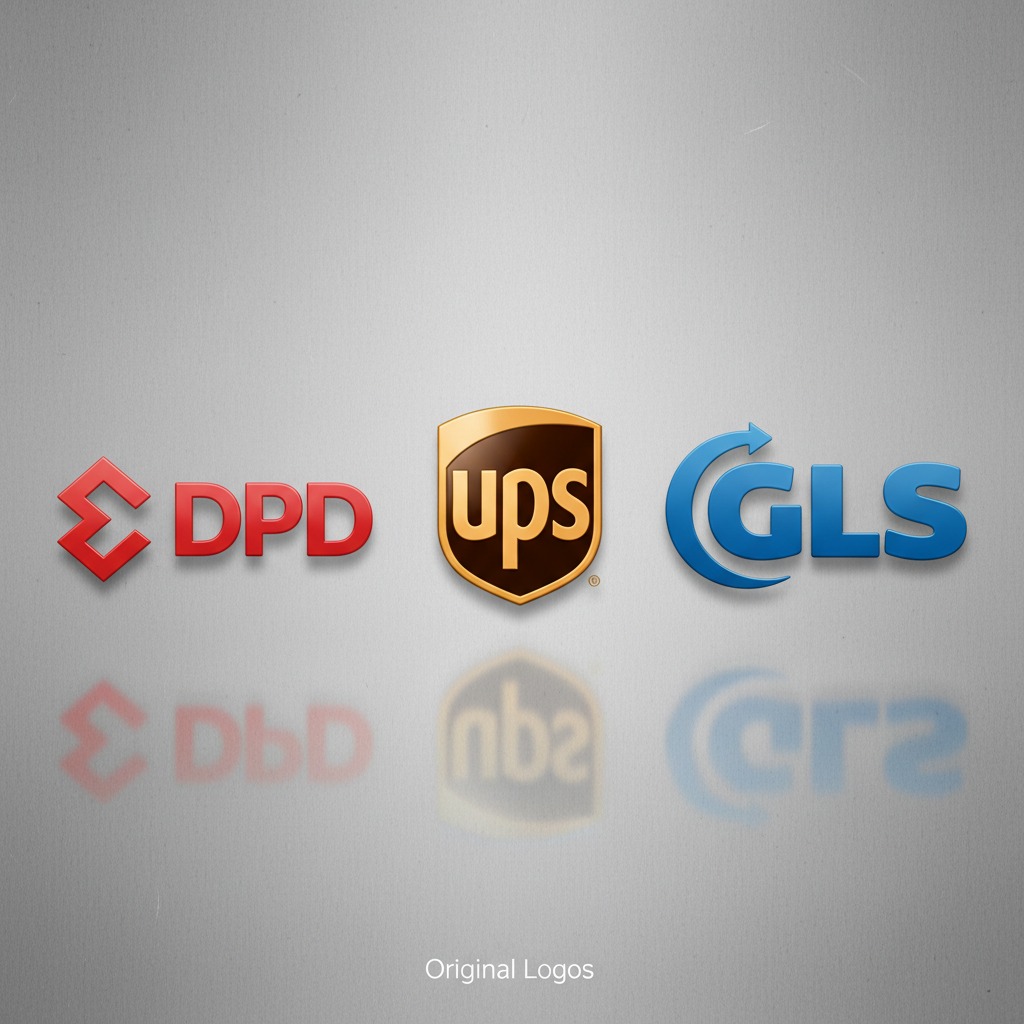 Die Logos der Versanddienstleister DPD, UPS und GLS sind nebeneinander auf einem grauen Hintergrund mit Spiegeleffekt dargestellt.