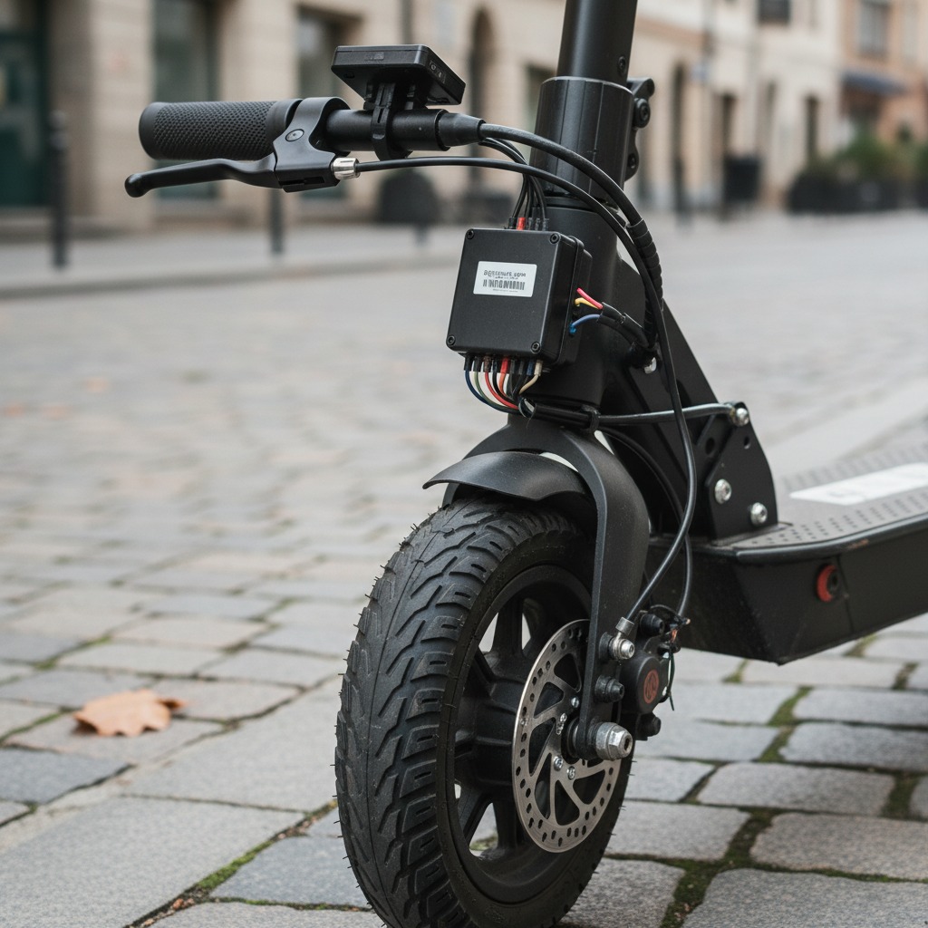 Nahaufnahme des Lenkers und des Vorderrads eines schwarzen E-Scooters mit einer montierten Steuereinheit auf einer gepflasterten Straße.
