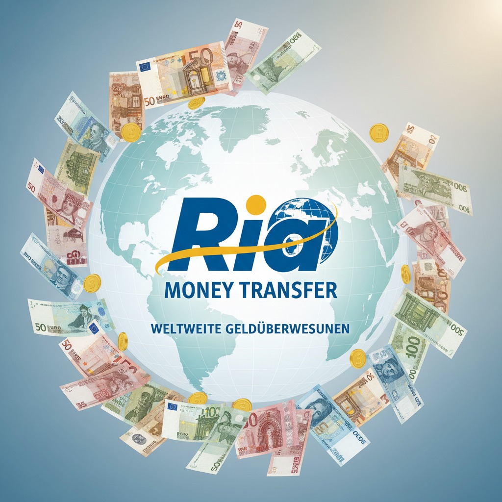 Das Logo von Ria Money Transfer ist vor einer Weltkugel abgebildet, die von verschiedenen internationalen Banknoten und Goldmünzen umkreist wird.